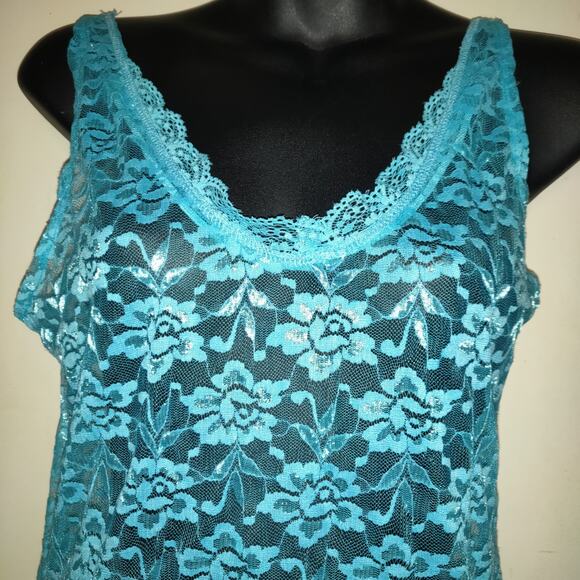 Vintage Y2K Turquoise Lace Tank Top Size 1X Camisole Stretchy Unlined Feminine - Picture 4 of 11
